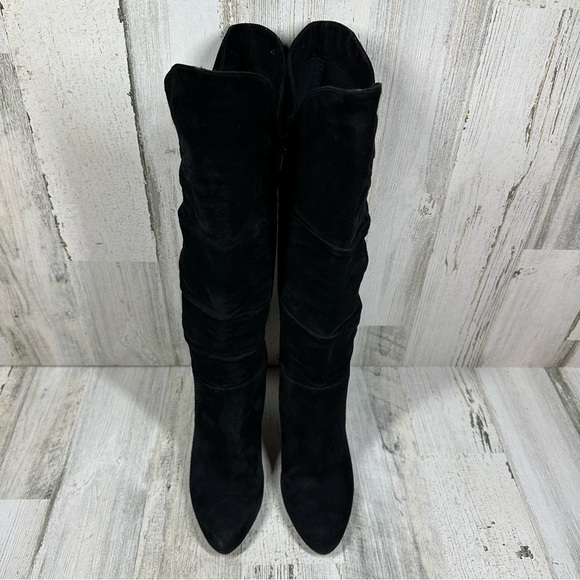 Boutique Black Suede High Heel Knee-High Boots with Ruched Detailing #901 - Picture 3 of 13
